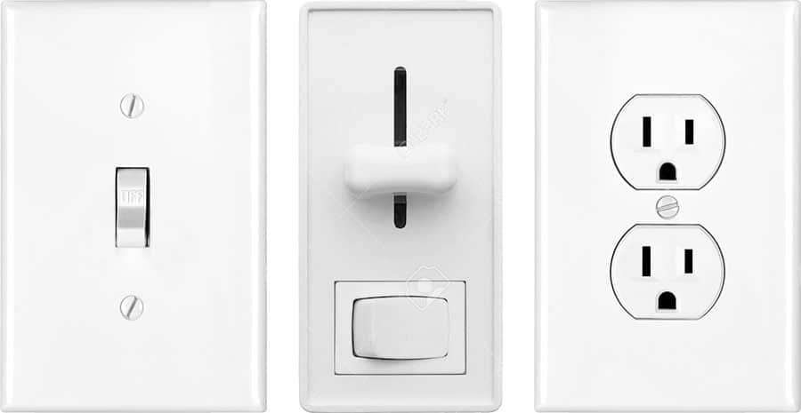 Different types of outlets and light switches in a row.